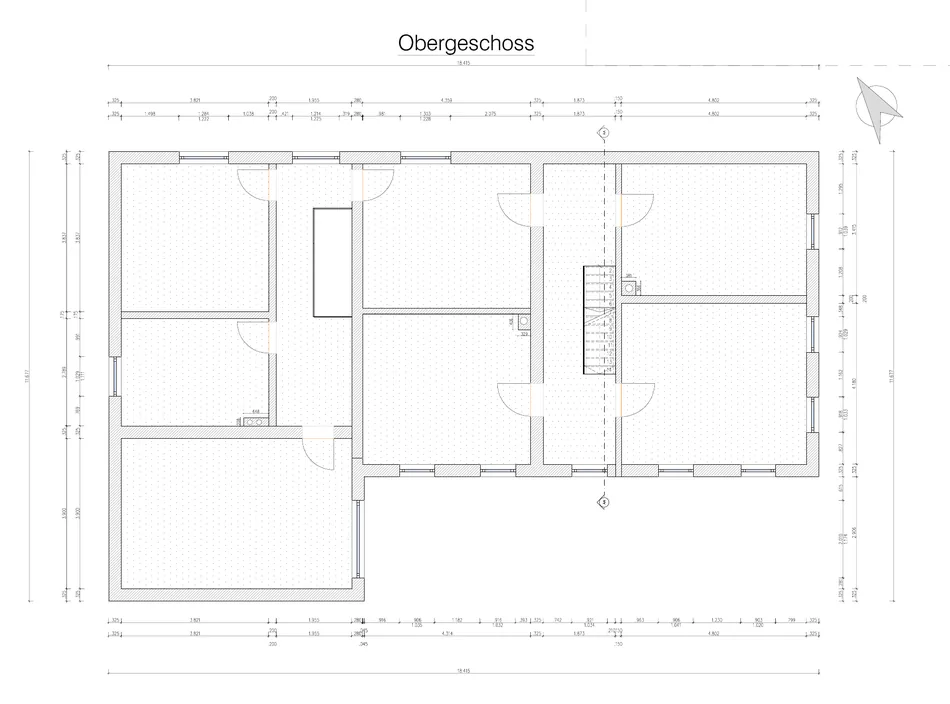 Bemaßter Grundriss des Obergeschosses mit allen Wanddicken und Öffnungen